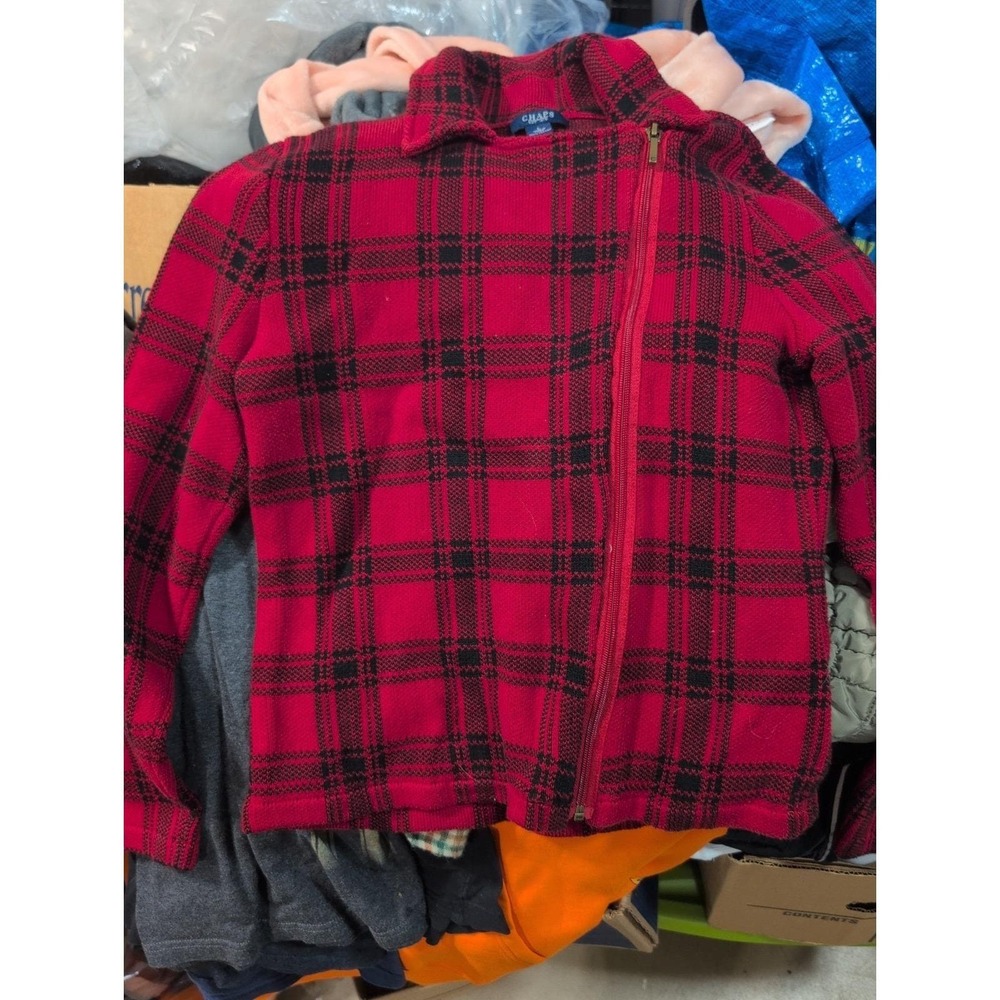 CHAPS Women's Ladies Sweater Cotton red/black Plaid off-Set Zipper size Large